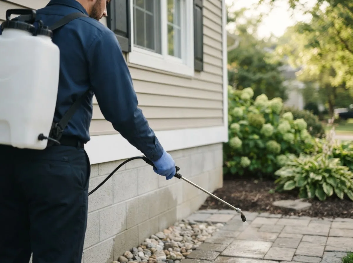 Pest control technician inspecting a home in Kimballton, IA
